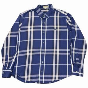 Burberry London Button Down Shirt Navy Blue Check Plaid England Medium